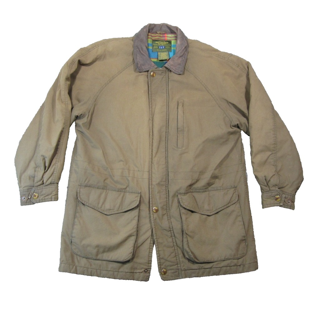 Vtg GAP Chore Coat Men M Brown Flannel Lined Leather Zip Up 90s Rugged Outerwear